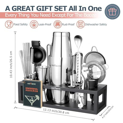 HMYBAR® Bartender Kit with Black Bamboo Stand, 31-Piece Cocktail Shaker Set, 20/28 oz Boston Shaker Set for Home Bar, Mixology Bar Tool Set with 39 Recipe Cards - color: Black
