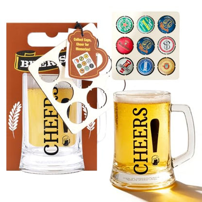 Beer Mug Set with Bottle Cap Holder Board – 16.9oz Beer Mug Gift Set | 16.9oz glass beer mug, wooden bottle cap holder board, home bar game decor, beer lover gift set, bar party entertainment use