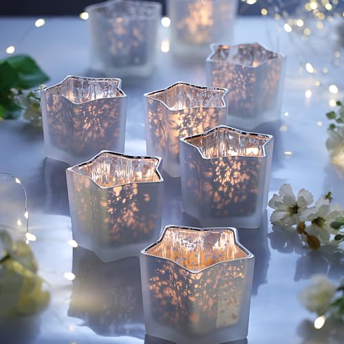 Letine 8pc Frosted White Star Tea Light Candle Holders - Mercury Glass Votive Holders for Wedding, Diwali, Fall & Holiday Decor - Elegant Starlight Vessels (2.44" Height, 1.45" Base) - color: Frosted White, size: 8pcs