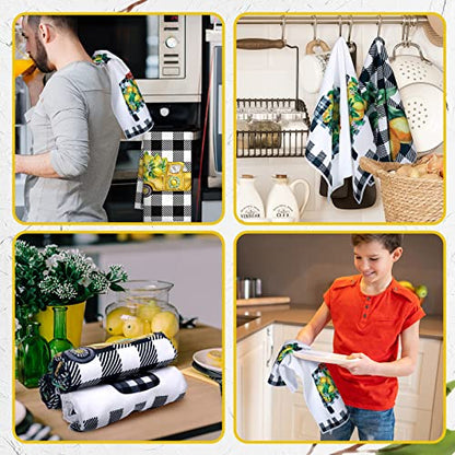 Redbaker 6 Pcs Lemon Kitchen Towels Lemonade Dish Towels with Sayings | Decorative Black White Plaid Hand Tea Dishcloths for Kitchen Decor with Hanging Loop for Housewarming Gift - style: Plaid Lemon