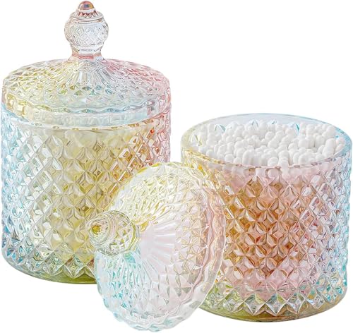 rejomiik 2 Pack Qtip Holder Apothecary Jars with Lid, Thick Glass, Rainbow | Bathroom Canisters Storage Organizer for Cotton Swabs, Balls, Pads, Floss Picks, Candy, Jewelry, Bathroom Decor - color: Rainbow, size: 10 oz (2 pack)