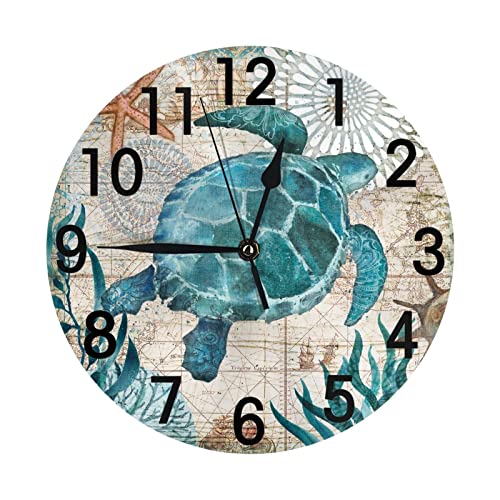 Sea Turtle Nautical Map Retro Wall Clock Battery Operated Silent Round Clock Wall Decor for Home Office School, 12 Inch - color: Ocean Animal(turtle), size: 12 Inch