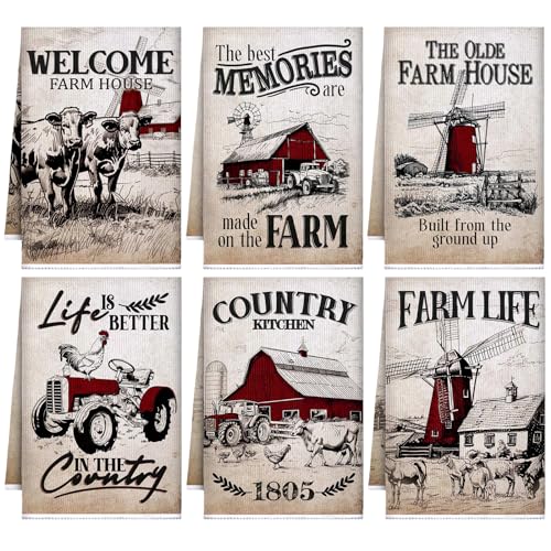 Geyoga 6 Pieces Farm Barn Kitchen Towels Cow Dish Towels Farmhouse Animal Tea Washcloth for Spring Summer Kitchen Bathroom Home Decor,16 x 24 Inch (Vintage Red) - color: Vintage Red, style: Farm Barn