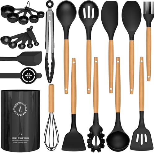 Silicone Cooking Utensils Set - AVGPD Silicone Kitchen Utensils for Cooking Wooden Handles, 446°F Heat Resistant Kitchen Utensil Spatula Sets, Gadgets for Non-Stick Cookware BPA FREE (Black) - color: Black