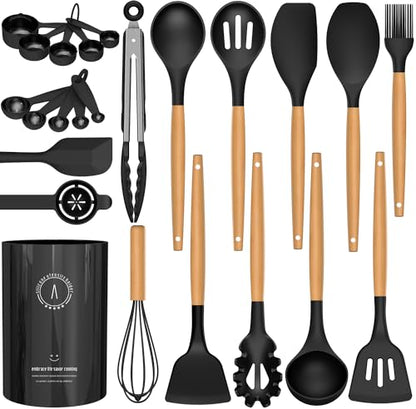 Silicone Cooking Utensils Set - AVGPD Silicone Kitchen Utensils for Cooking Wooden Handles, 446°F Heat Resistant Kitchen Utensil Spatula Sets, Gadgets for Non-Stick Cookware BPA FREE (Black) - color: Black