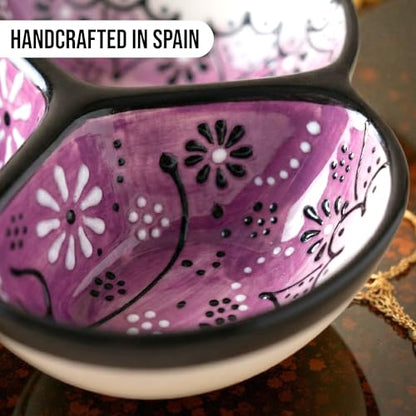 3-Compartment Ceramic Serving Dish, Handmade in Spain | 7.5” divided chip and dip bowl with lead-free glaze, microwave, oven and dishwasher safe, ideal for tapas, snacks and sauces - color: Onyx Lilac