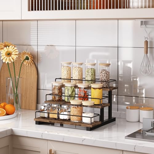 Liquor Bottle Display Shelf, 3 Tier Coffee Syrup Rack Organizer | Wine Rack Countertop, Home Retro Bar Shelf Stand Holder for Liquor Whiskey Spirits, Mini Bar, Liquor Cabinet, Rustic Brown