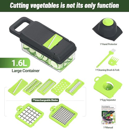 12-in-1 Vegetable Chopper 7 Blades, Veggie Cutter with Handle, Green/Grey | Stainless Steel Blades, Food Container and Lid, Dicer, Slicer, Julienne, Egg Separator, Non-slip Base, Include Cleaning Tools - color: Green, size: 7 blades