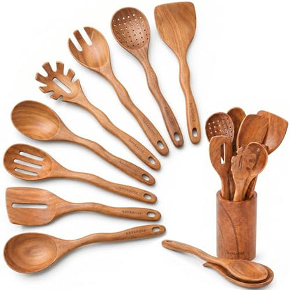 Kitchen 10PCS Teak Wooden Utensils Set With Holder and Spoon Rest | Non-stick, Easy to Clean, Durable, Smooth with Comfort Grip Wooden Spoons for Cooking - Non Toxic Wooden Cooking Utensil - style: 10 Pcs Spoons with Utensils Holder