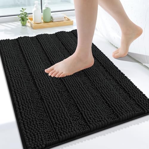 Grandaily Chenille Striped Bathroom Rugs 24x16, Extra Thick and Soft Absorbent Bath Mats, Rubber Backing, Plush Shaggy Shower Carpet, Machine Wash Dry, Bath Rug for Bathroom, Deep Black - color: Deep Black, size: 24" X 16"