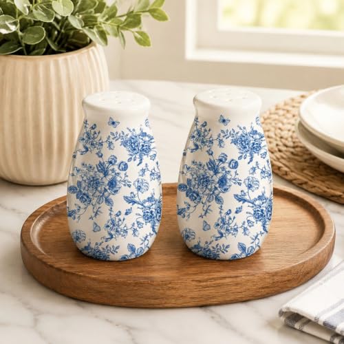 FYSUIMU 2Pcs Blue Floral Salt and Pepper Shaker Ceramic Spice Dispenser | Vintage Chinoiserie Toile Flower Seasoning Container for Home Kitchen Table Countertop Decor