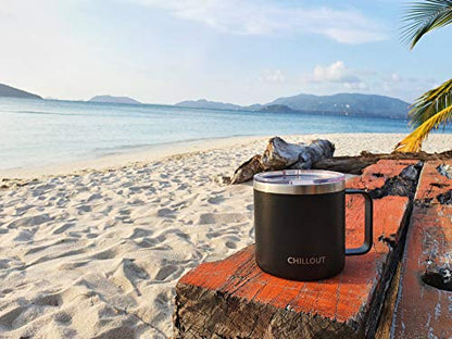 CHILLOUT LIFE Stainless Steel 16 oz Vacuum Insulated Coffee Mug with Handle and Lid, Large Thermal Camping Coffee Mugs with Sliding Lid for Men & Women - Keeps your Beverages Hot/Cold, 2 Pack - color: Black, size: 16 Ounces - 2 Pack
