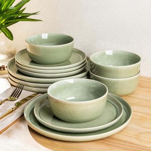 AmorArc Stoneware Dinnerware Sets for 6, 18Pcs Plates and Bowls Sets Dishes | Ceramic Round Reactive Glaze Dishes Set, Highly Scratch Resistant | Dishwasher & Microwave Safe Dishware - color: Oliver Green, size: Service for 6