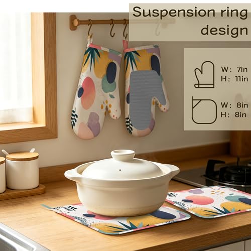 Oven Mitts and Pot Holders Boho Tropical Leaves Silicone Kitchen Accessories Set of 4 Heat Resistant Gloves Potholder Non-Slip Grip for Chef Cooking Baking Grilling BBQ - color: Boho Tropical Leaves