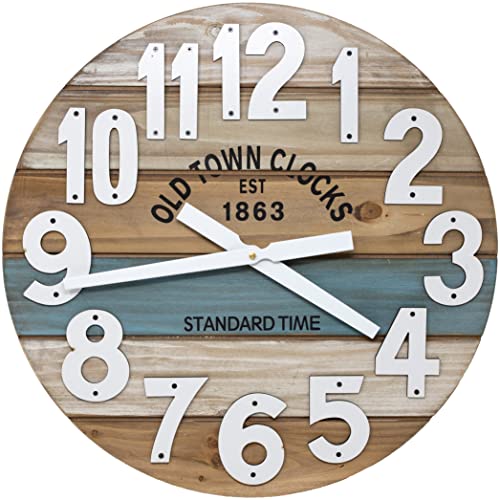 18" Wooden Multi-Color Maritime Coastal Beach Large Number Wall Clock (Blue, 18 inch) - color: Blue, size: 18 inch