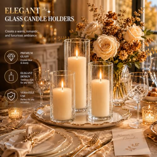 24 PCS Ivory White Pillar Candles and Glass Cylinder Vases Hurricane Glass Candle Holders for Pillar Candles Wedding Centerpieces, Party, Event, Home Office Decor(12 Candles+12 Candle Hoders)