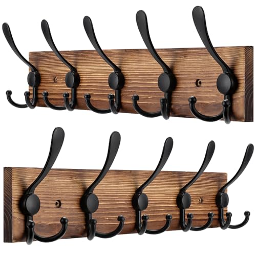 Kuhome 2pcs Coat Rack Wall Mount Wooden Hat Rack for Wall Hooks Pine Real Wood Plank 16.9" Brown Coat Hanger with 5 Triple Hooks for Hanging Coat Hat Jacket - color: Brown Plate & Black Hook, size: 2 Items-5 Hooks