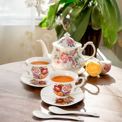 Pumtus Tea Cups and Saucers Set of 6, 8 OZ Vintage Ceramic Teacups with Spoon, Floral Rose British Coffee Mug, Elegant Bone China Cup Gift Set for Cappuccino, Espresso, Latte, Afternoon Tea Party