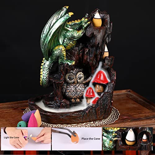 Dragon Backflow 2 Sided Mountain Waterfall Incense Burner,Fountain Smoke Incense Holder with Backflow Incense Cones, Tweezers, Mat，Resin Aromatherapy Meditation (Green) - color: Green