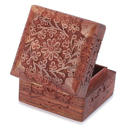 Ajuny Wooden Hand Carved Jewelry Box Keepsake Treasure Chest Organizer | Decorative Wood Trinket Holder for Jewelry Keepsakes and Small Accessories Handcrafted Gift for Men Women and Travelers