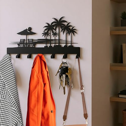 Tropical Style Key Holder Wall Mount with 7 Hooks, Key Hanger Organizer for Front Door, Hallway, Entryway & Office Decor, Featuring Sunset and Coconut Tree Design