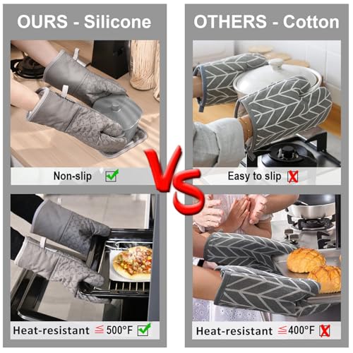 KEGOUU Oven Mitts and Pot Holders 6pcs Set, Kitchen Oven Glove High Heat Resistant 500 Degree Extra Long Oven Mitts and Potholder with Non-Slip Silicone Surface for Cooking (Grey) - color: Gray