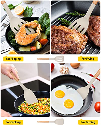Pack of 2 Silicone Cooking Spatula, Heat Resistant Solid Turner, Non Stick Slotted Spatulas with Wooden Short Handle,Ideal Wood Kitchen Utensils Set for Frying, Baking, Flipping, Turning - color: Khaki