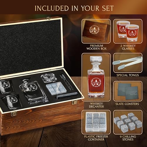 Personalized Old Fashioned Whiskey Decanter and Stones Set | Customized Gift for Him - Men, Dad, Father - Engraved Decanter, Glasses, 9 Granite Stones, Coasters, Tongs, Gift Wooden Box