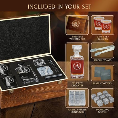 Personalized Old Fashioned Whiskey Decanter and Stones Set | Customized Gift for Him - Men, Dad, Father - Engraved Decanter, Glasses, 9 Granite Stones, Coasters, Tongs, Gift Wooden Box