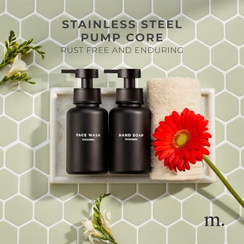 MaisoNovo Glass Foaming Soap Dispenser 14 Oz | Glass Bottles Pumps x 2 Black with Tray - color: Black Bottles/Black Plastic Pumps/Ceramic Tray