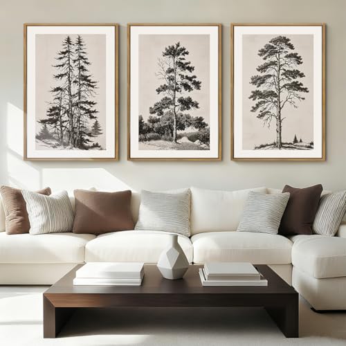 ANHUIB Vintage Tree Sketch Framed Canvas Wall Art 16x24 Inch Neutral Wilderness Forest Paintings Retro Botanical Wall Decor Set of 3 Black and White Landscape Prints for Living Room Bedroom Office - color: Tree Sketch, size: 24"L x 16"W