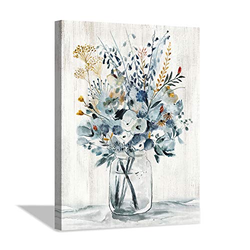 Hardy Gallery Abstract Flower Print Wall Art: Botanical Flower Bouquet in Crystal Vase Picture Picture on Wrapped Canvas for Dining Room (12" x 16" x 1 Panel) - color: Floral wall art, size: 16"L x 11"W