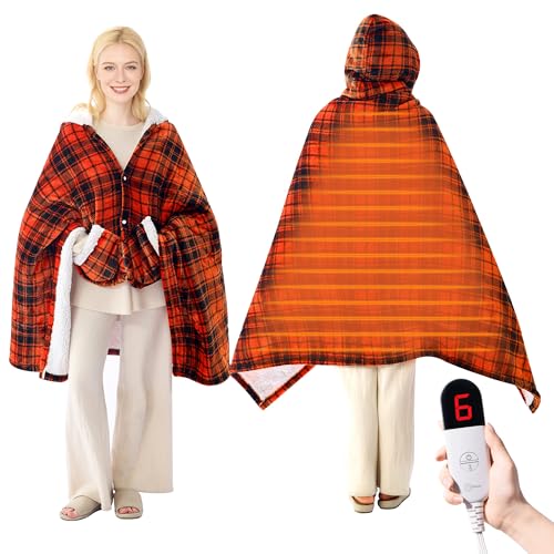 Electric Blanket Wearable Heated Shawl with Hood & Pockets, 40"x70" | 6 Heat Settings, 4H Auto-Off, Flannel & Sherpa Reversible, Cozy Plaid Heated Throw Blanket for Home, Couch, or Gift, Red - color: Red, size: Short