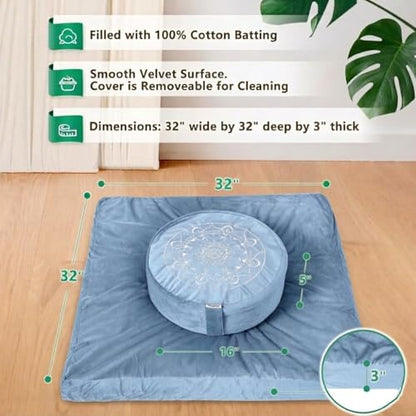 Hihealer Meditation Cushion, Traditional Tibetan Meditation Pillow Velvet Cover - Large Floor Cushion Seating for Adults - Yoga Buckwheat Bolster for Women、Moms - color: Restful Blue(set)