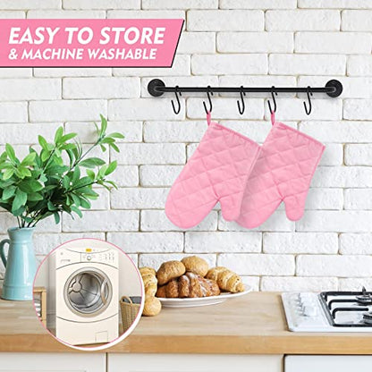 Heat Resistant Thick Cotton Oven Mitts Set, Soft Quilted Lining, Strong Grip Potholders for Hot Pans and Oven, Kitchen Mitt Pair Protect Hands, Cooking Baking BBQ Gloves, 11 Inch, Pink