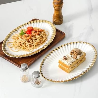 Serving Platters, Ceramic Oval Serving Platters,12 Inch Serving Dishes/Trays for Party Entertaining, Porcelain White Dinner Plates with Gold Trim for Sandwich, Appetizer, Fruit, Desserts, Set of 2 - color: Oval White and Gold-2 Pcs