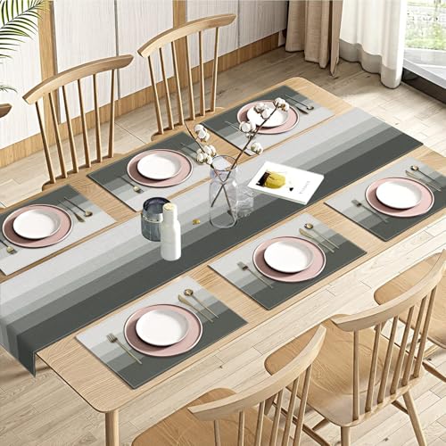 Emvency Table Runner and Placemats Set of 6, Geometric Gradient Stripe | Modern Grey Art Dining Decor for Daily Use(1 Table Runner 72 inches Long and 6 Placemats) - color: White Grey Gradient