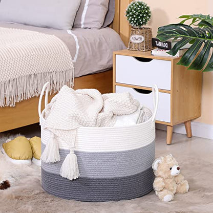 KAKAMAY Large Blanket Basket (20"x13"),Woven Baskets for storage Baby Laundry Hamper,Cotton Rope Blanket Basket for Living Room, Laundry, Nursery, Pillows, Baby Toy chest with Handles (White/Grey) | Extra Large Capacity | Natural Cotton Rope | Blanket Sto