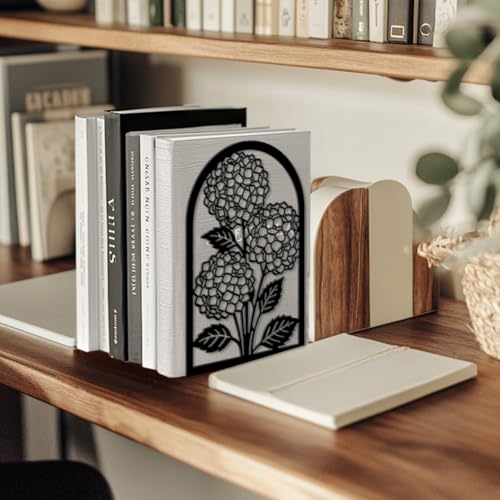 5.3"x4.3"x7.9" Metal Bookends, Heavy Duty Book Ends for Shelves | Hydrangea Theme Cast Iron Book Supports, 1 Pair Decor Stoppers for Desk, Library, Office & Home Shelves - style: Hydrangea