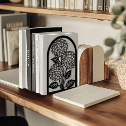 5.3"x4.3"x7.9" Metal Bookends, Heavy Duty Book Ends for Shelves | Hydrangea Theme Cast Iron Book Supports, 1 Pair Decor Stoppers for Desk, Library, Office & Home Shelves - style: Hydrangea