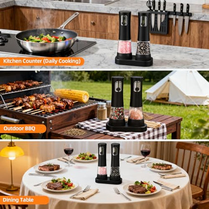 Electric Salt and Pepper Grinder, Rechargeable Automatic Pepper Mill with Base,5-Level Adjustable Coarseness, Display, LED Lighting, Large Capacity-Ideal for Kitchen, BBQ Gifts (1, Black-A) - color: Black-A