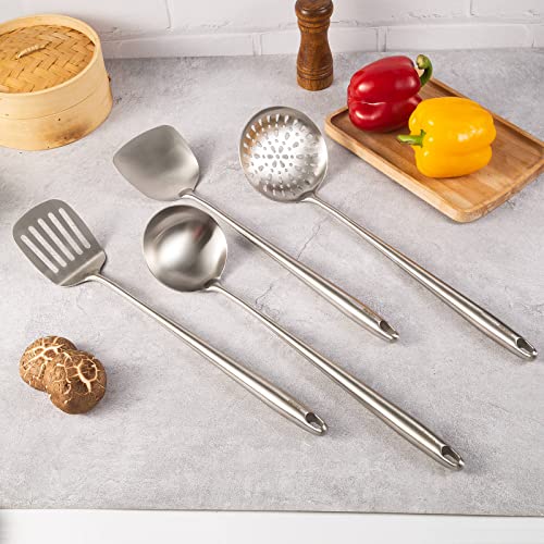 17″ Wok Utensils - Wok Spatula and Ladle, Skimmer Spoon, Slotted Spatula | 304 Stainless Steel Kitchen Utensils Set, 4-Pieces Extra Long Handle Cooking Tools, All Metal Chinese Wok Accessories