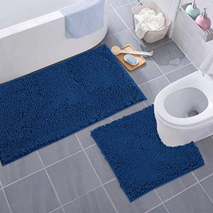 Bathroom Rugs Sets 2 Piece, Luxury Chenille Bath Mat Set, Soft Plush Anti-Slip Bath Rug + U-Shaped Toilet Mat. Microfiber Shaggy Carpet, Super Absorbent (24” x 36” & 20” x 24” U, Blue) - color: Blue, size: 2 Piece Set - Large