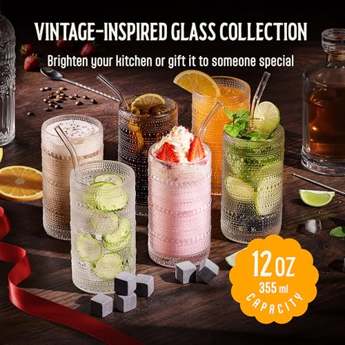 12 Oz Hobnail Drinking Glasses Set of 6 - Clear Multipurpose Glassware Sets, Decorative Glasses Drinking Set for Bar, Kitchen, Cocktail Glassware - w/Straws, Brushes, Ice Cubes, & Cloth Bag