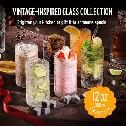 12 Oz Hobnail Drinking Glasses Set of 6 - Clear Multipurpose Glassware Sets, Decorative Glasses Drinking Set for Bar, Kitchen, Cocktail Glassware - w/Straws, Brushes, Ice Cubes, & Cloth Bag
