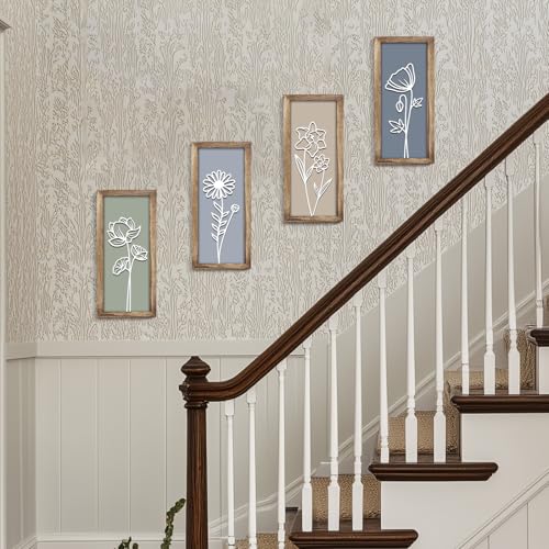 3D Wooden Floral Wall Art, 4 Pcs 7 x 16 Inch Flower Wood Carving Framed Bathroom Wall Decor for Living Room Bedroom Office, Rustic Farmhouse Boho Botanical Hangings