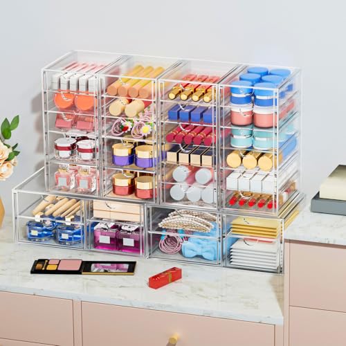 4-Pack 22-Drawer Acrylic Storage & Makeup Organizer for Desk | Smooth-glide drawers, clear acrylic, stackable, dustproof, wipe clean, for office supplies, pens, paper clips, thumb drives - size: 22 Drawers