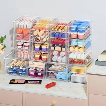 4-Pack 22-Drawer Acrylic Storage & Makeup Organizer for Desk | Smooth-glide drawers, clear acrylic, stackable, dustproof, wipe clean, for office supplies, pens, paper clips, thumb drives - size: 22 Drawers