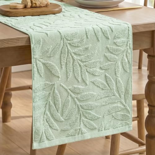 Artoid Mode Sage Green Soft 3D Jacquard Leaves 100%Cotton Spring Table Runner, Holiday Kitchen Dining Table Decoration for Home Party Decor 13x72 Inch - color: Sage Green