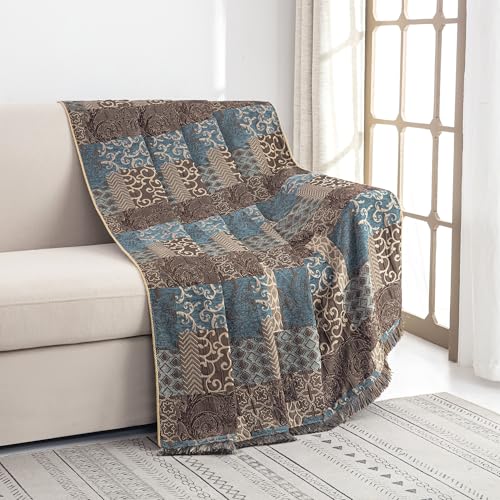 Loom and Mill Blue Patchwork Throw Blanket for Couch Sofa Bed, 52x72 Inches | Classic Thick Chenille Jacquard Bed Throws Soft and Cozy Velvet Fall Blankets with Fringes Trim for Couch Recliner Chair - color: Blue